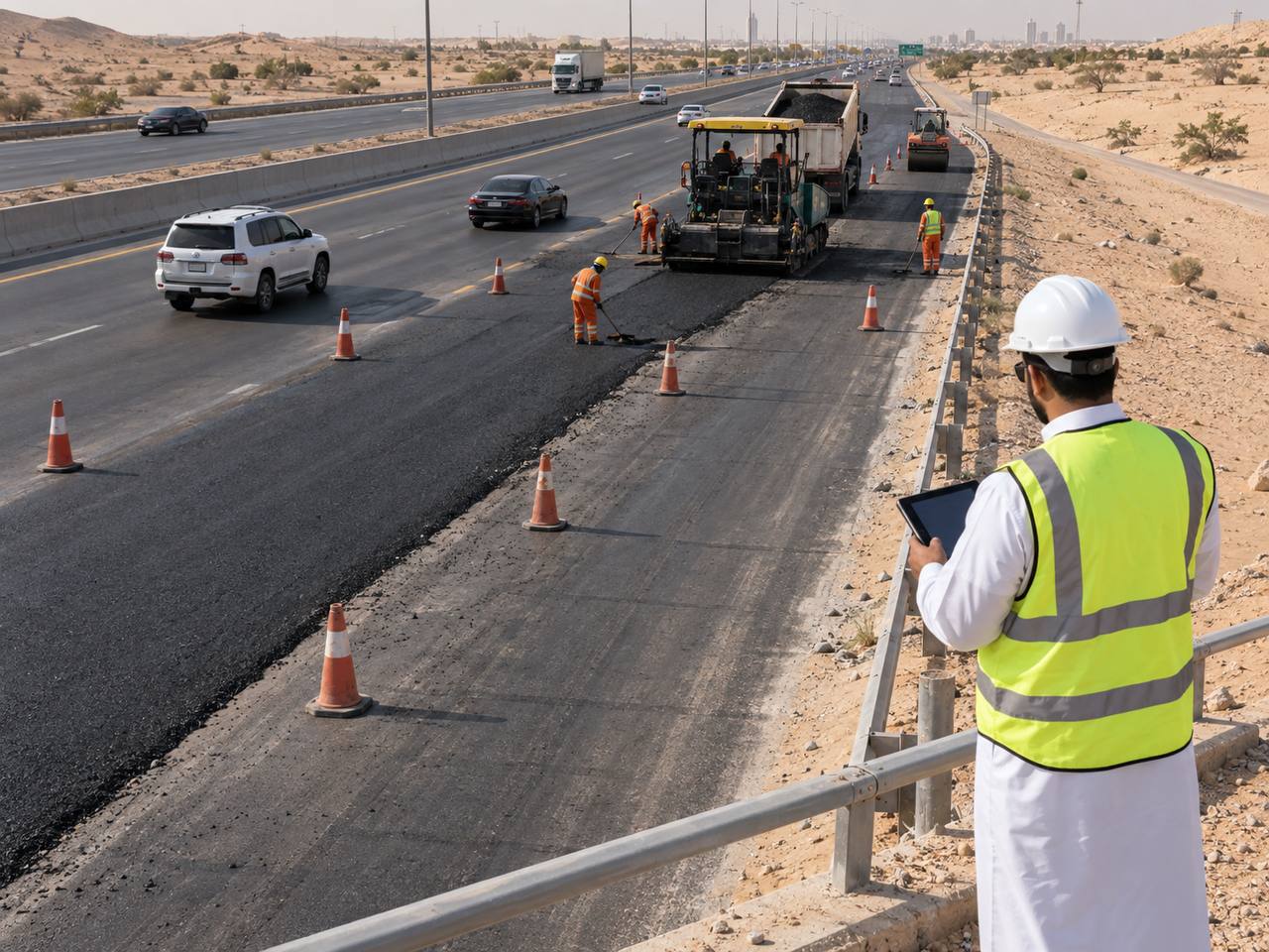مهندس يتابع أعمال رصف وتحويلة مرورية على طريق سريع
