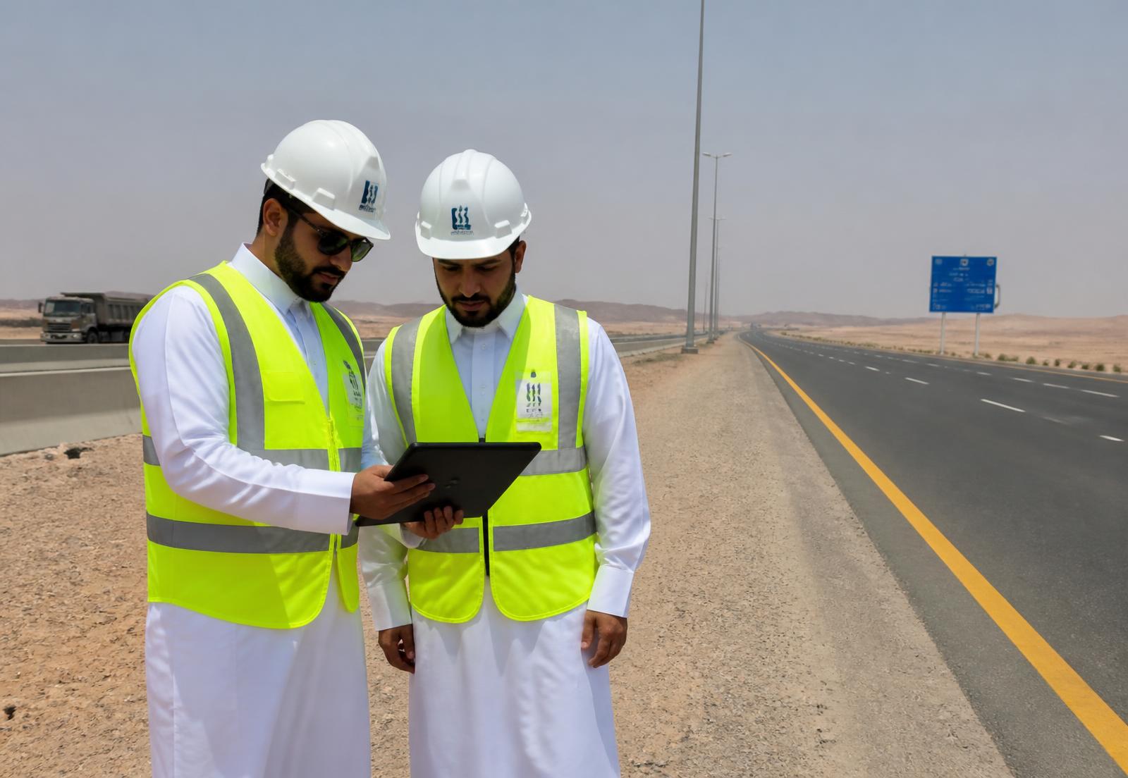مهندسان في الميدان يراجعان بيانات الفحص على جهاز لوحي بجانب طريق