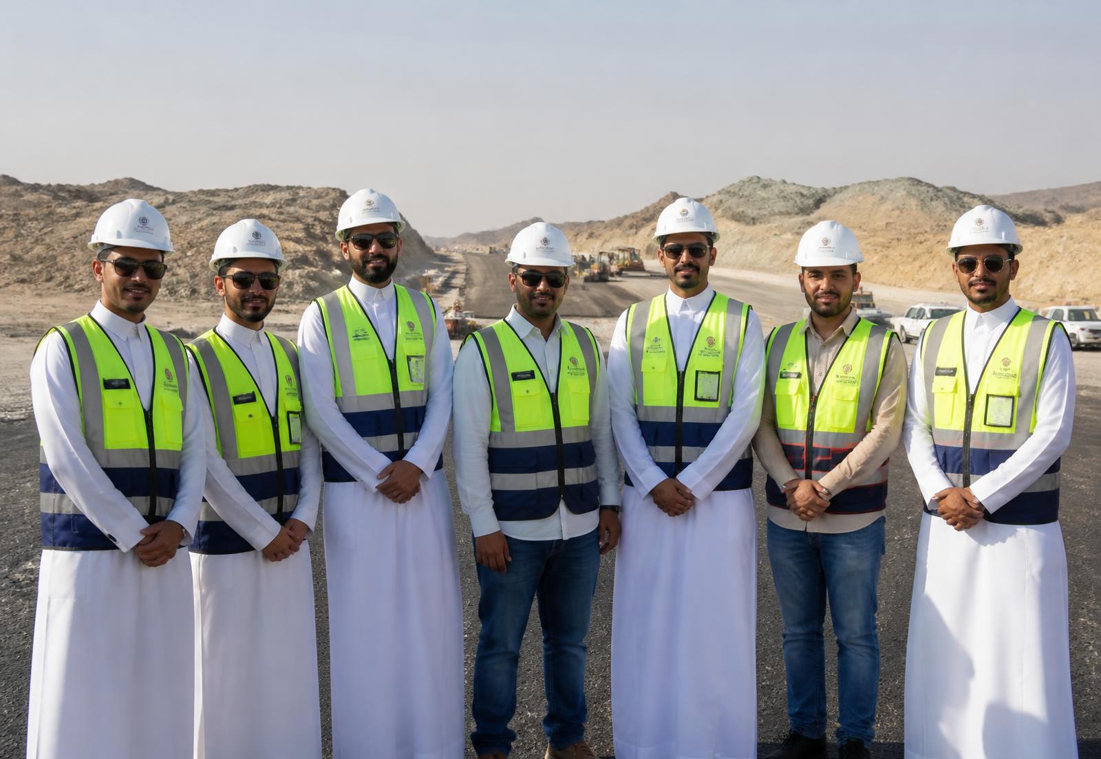فريق من المهندسين بسدريات عاكسة وخوذ بيضاء في موقع مشروع طريق